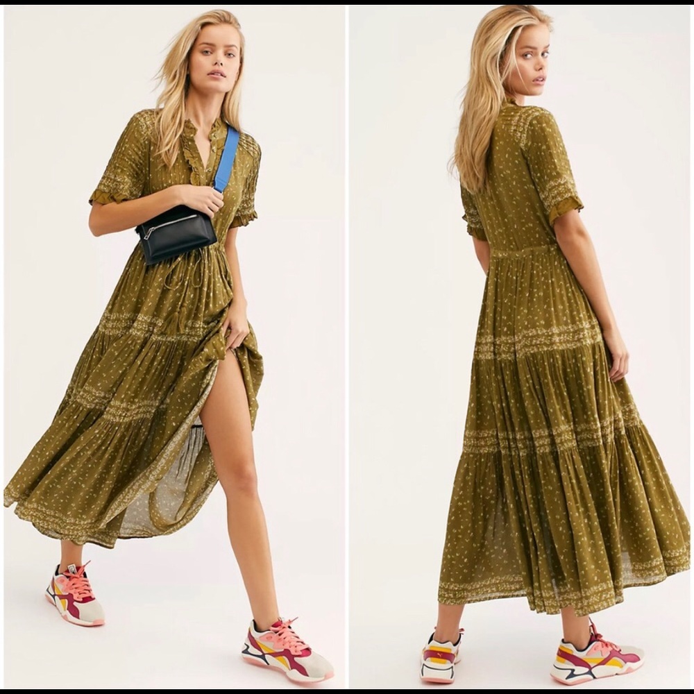 Free People Olive Green Bohemian Tiered Midi Dress